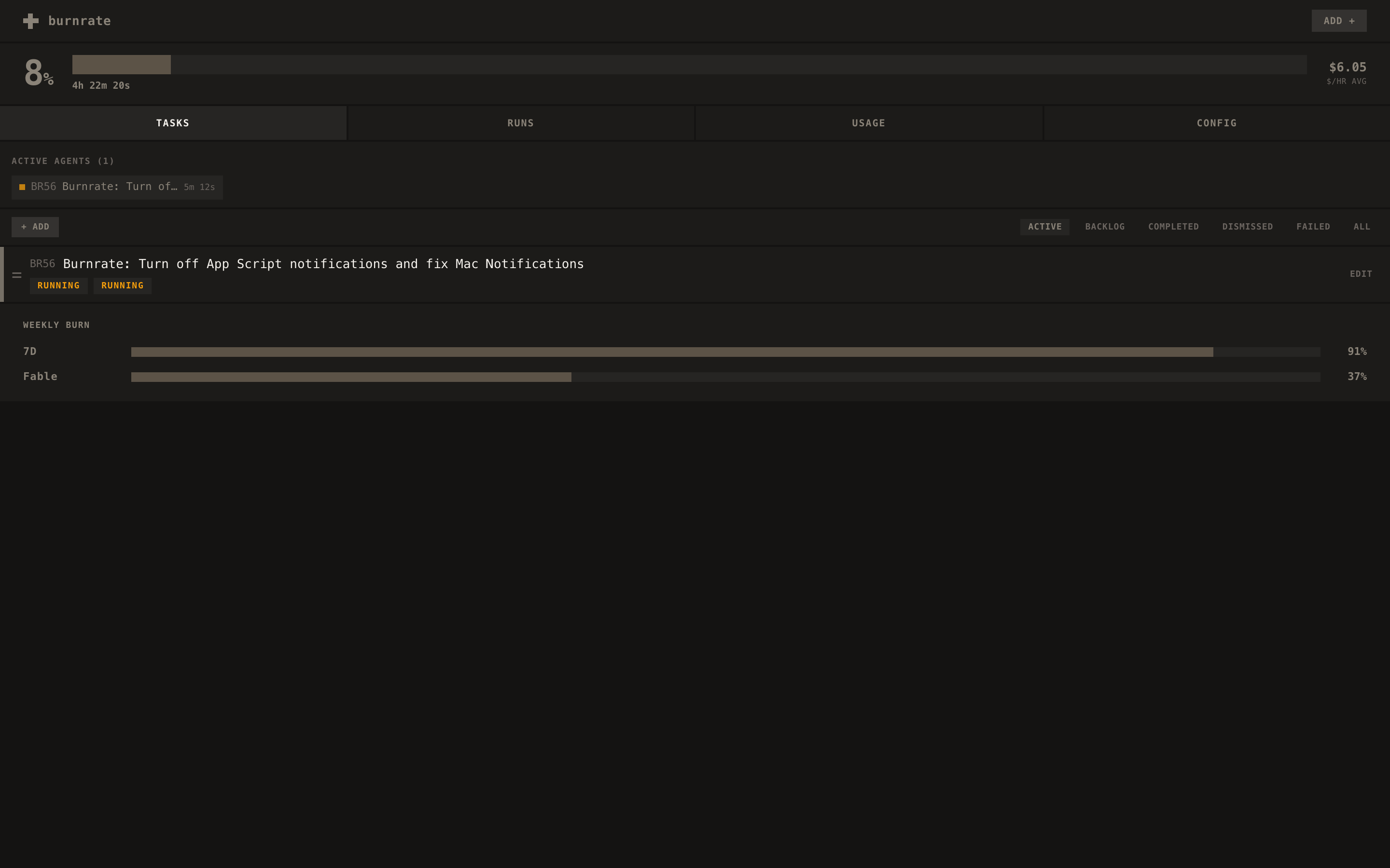 burnrate Tasks tab